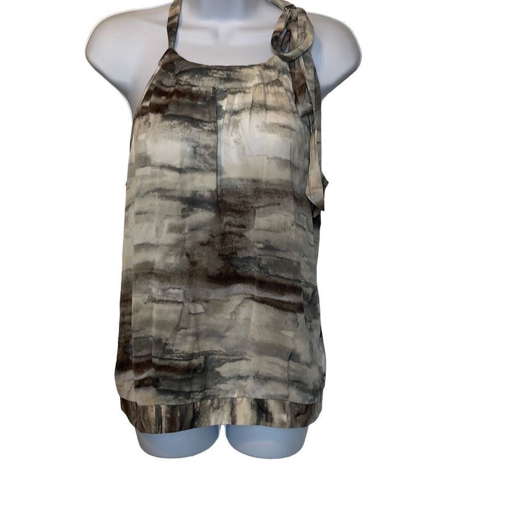 Apt 9 Large Gray Brown Watercolor Print Tie Neck Banded Hem‎ Blouse Flowy Office